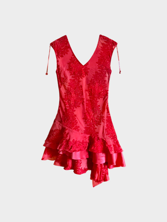 Vivienne Tam 1990s Red Floral Print Asymmetrical Ruffled Dress