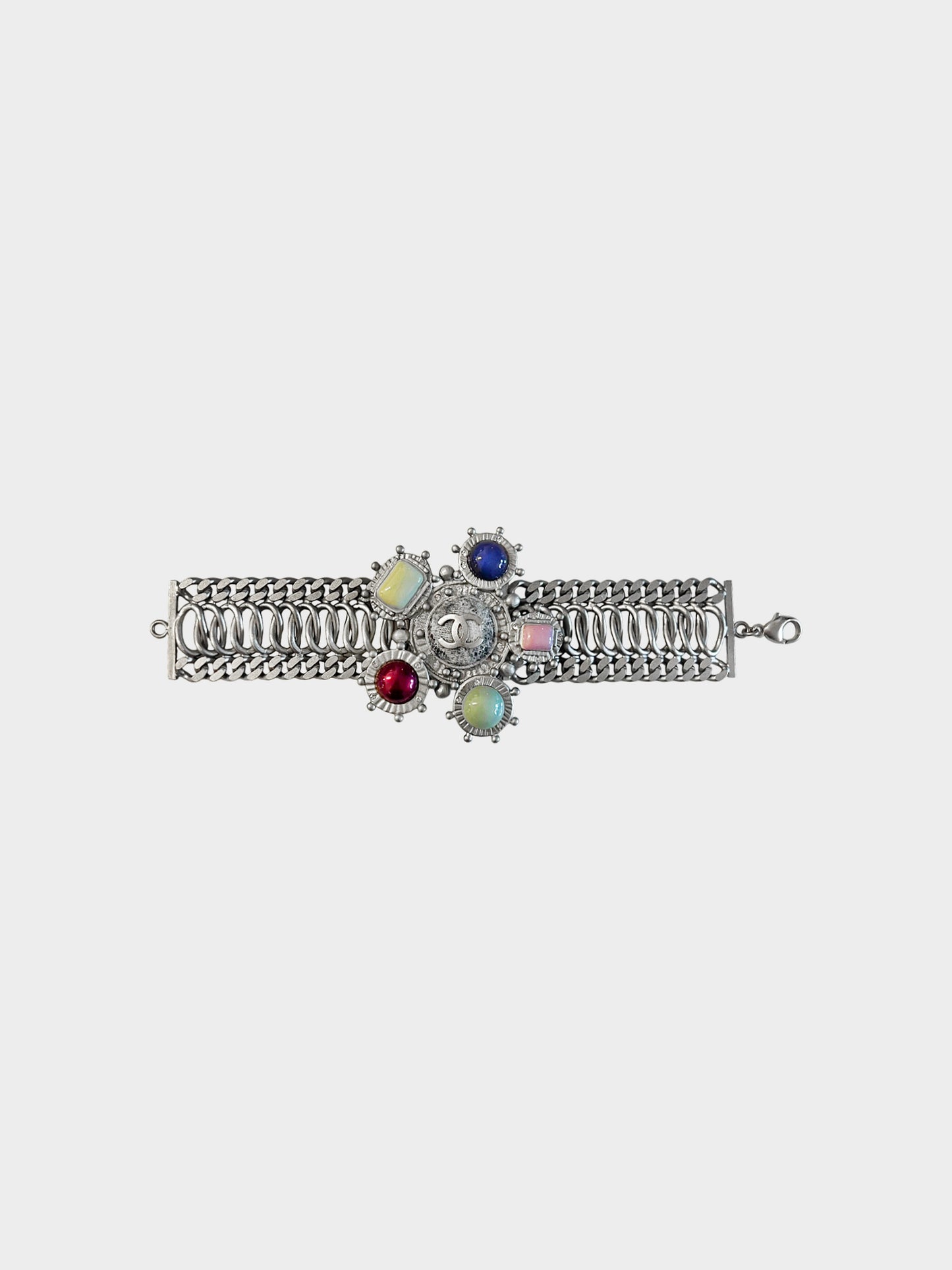 Chanel 2000s Silver Marbled Chain Medallion Bracelet