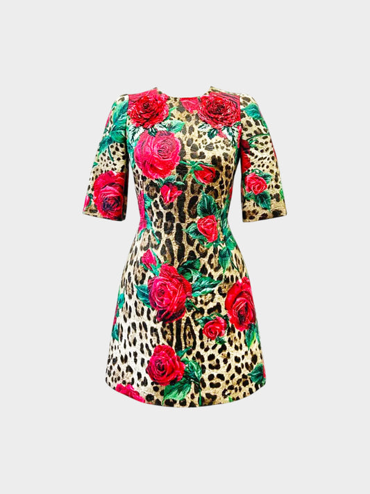 Dolce and Gabbana 2019 Leopard and Roses Brocade Print Dress