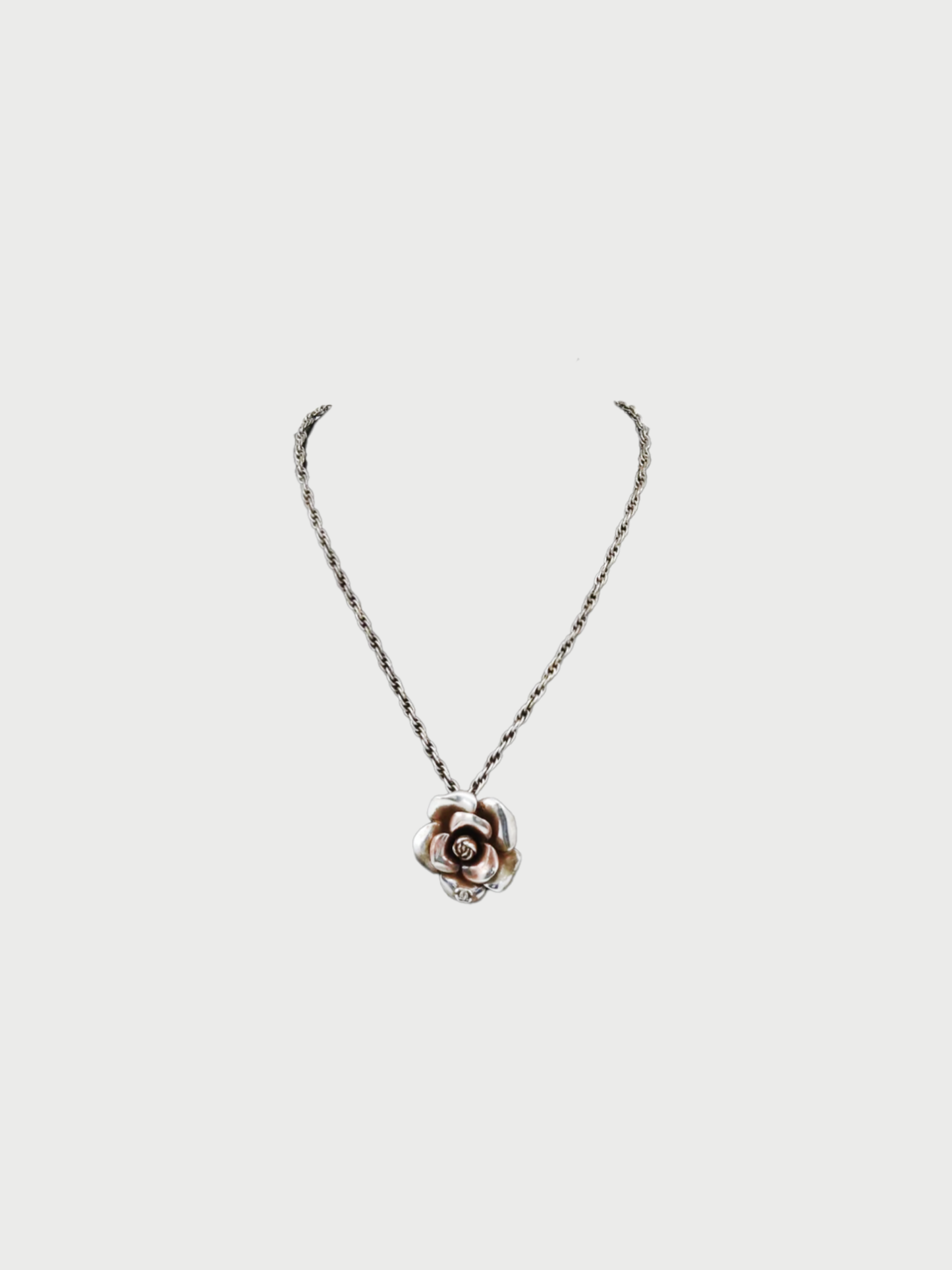 Chanel 1990s Gold Tone Plated Metal Camellia CC Pendant Necklace