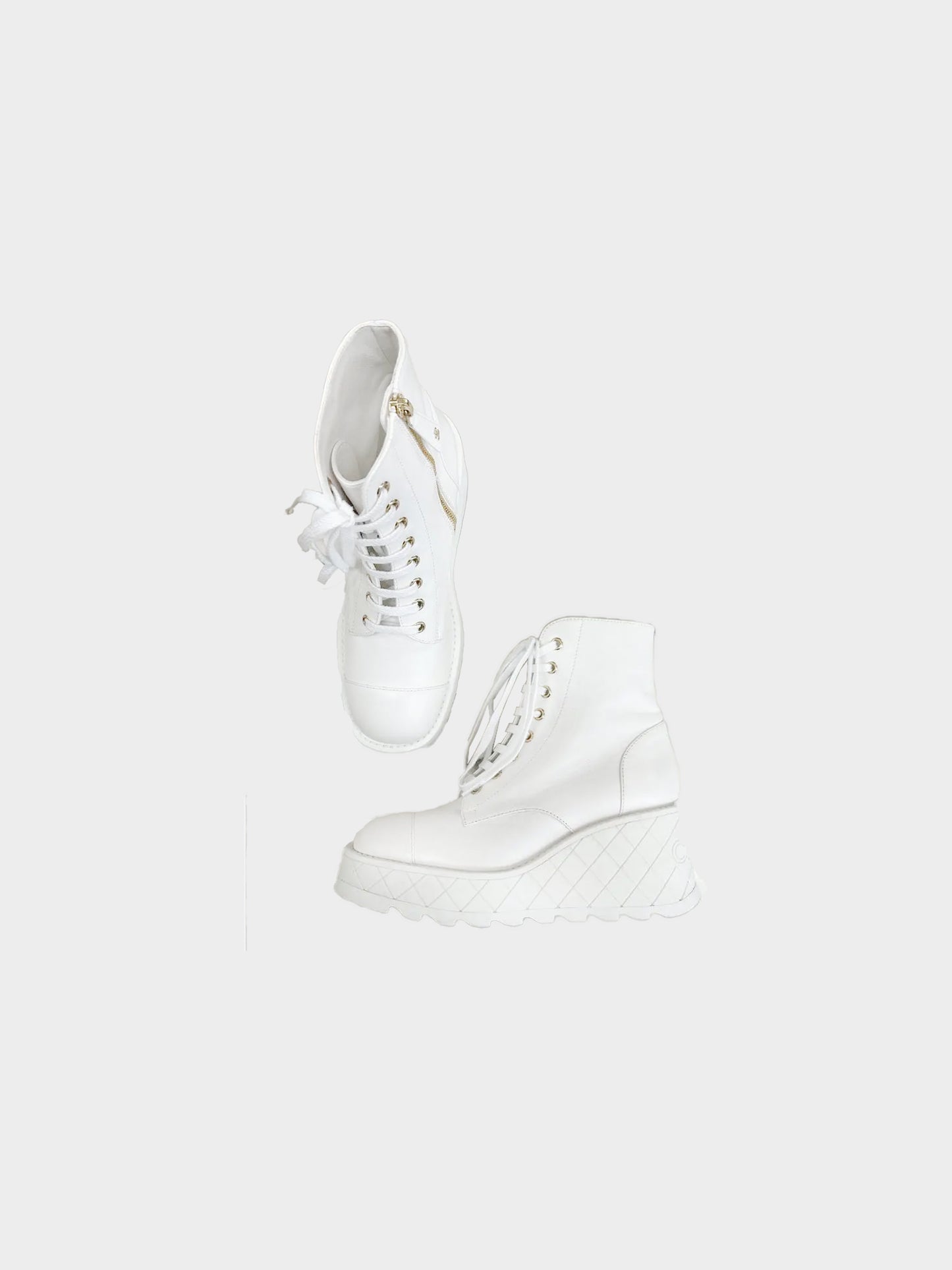 Chanel Resort 2024 White Leather Wedge Platform Combat Boots