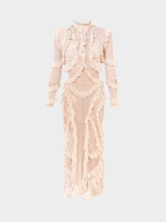 Alexander McQueen Spring 2016 Runway Beige Frills and Ruffle-detailed Sheer Long Dress