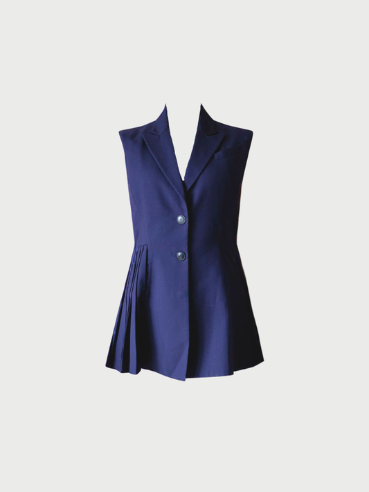 Christian Dior 2000s Navy Wool Sleeveless Side-Pleats Detail Jacket
