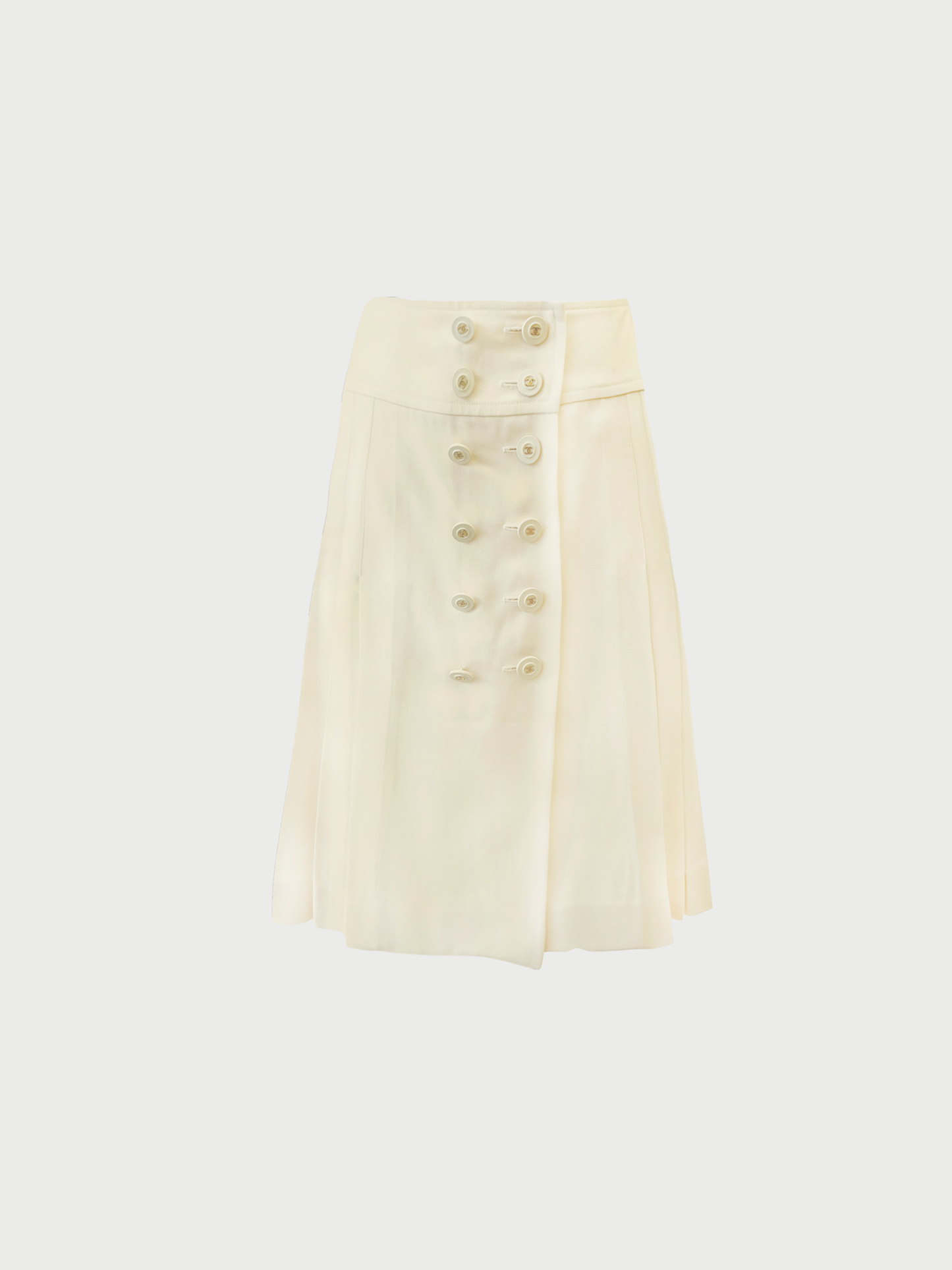Chanel 1994 Cream Wool Pleated Logo Button Skirt