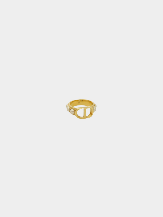Christian Dior 2000s Gold CD Pearl Ring