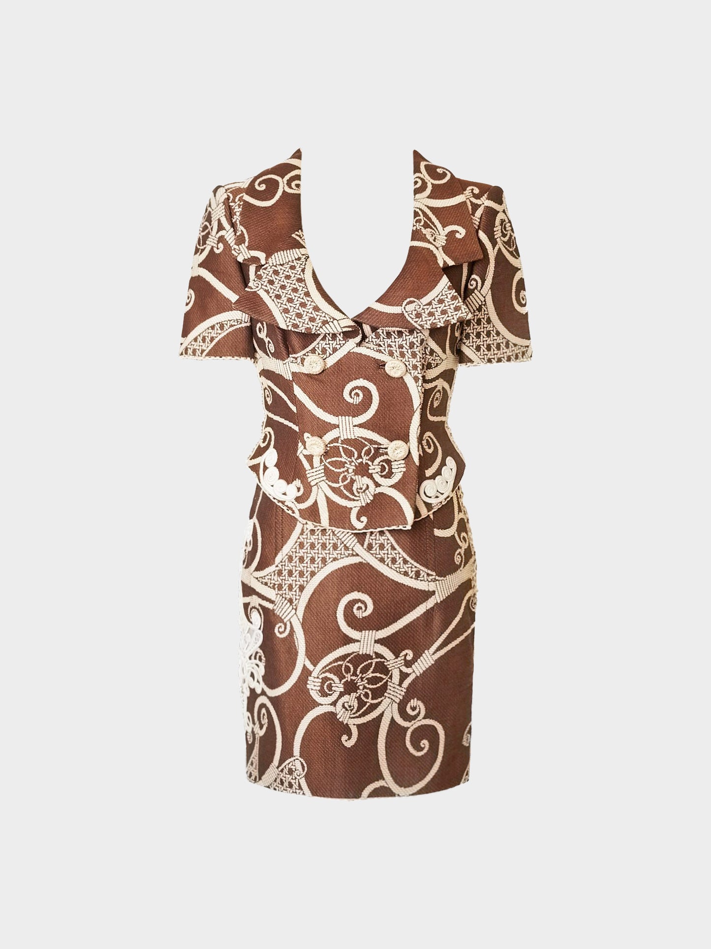 Christian Dior by John Galliano 1990s Brown and White Brocade Jacket and Skirt Set