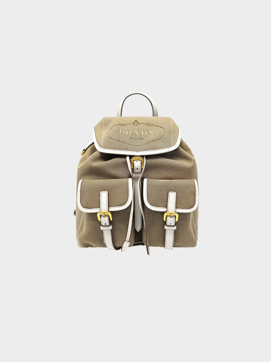 Prada 2000s Beige and White Canvas and Leather Backpack