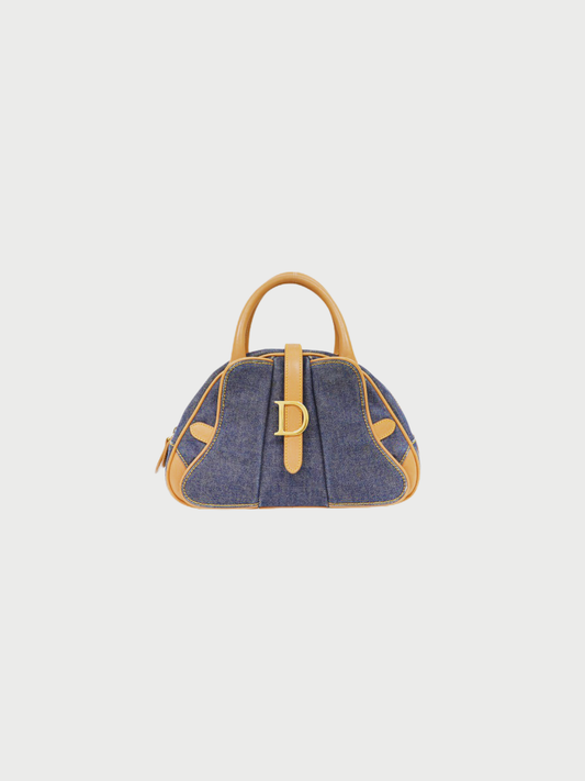 Christian Dior 2000s Indigo Beige Denim Leather Saddle Double Handbag