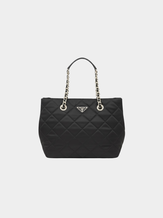 Prada 2000s Black Quilted Nylon Leather Triangle Logo Chain Tote Bag