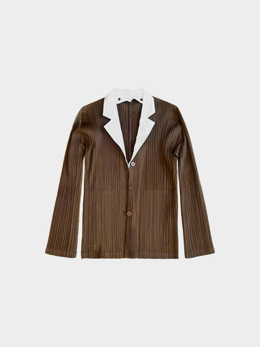 Issey Miyake Pleats Please 2000s Brown and White Button-down Top