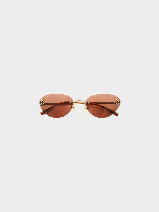 Chanel 2000s Brown Rimless CC 4003 Oval Sunglasses