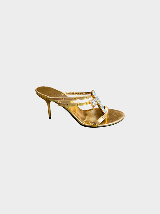 Dolce and Gabbana 2000s Metallic Gold Leather and Jeweled Cross Heels