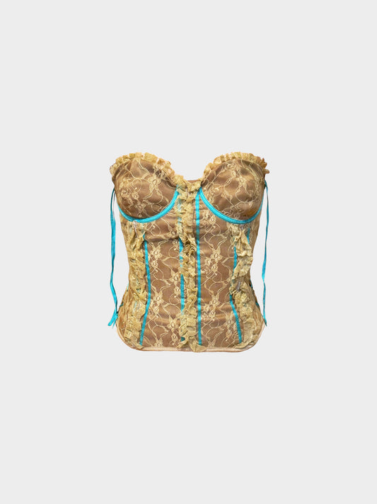 Dolce and Gabbana SS 2002 Runway Brown and Turquoise Lace Corset Top