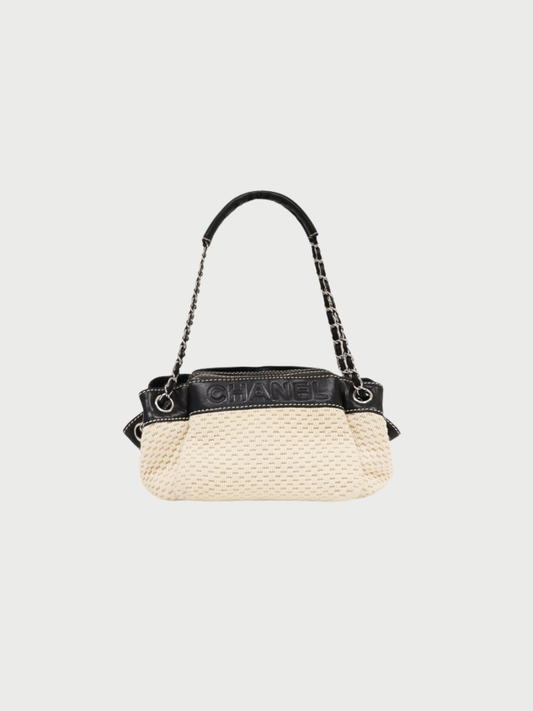 Chanel 2004 Black Ivory Cotton Leather Chain Shoulder Bag