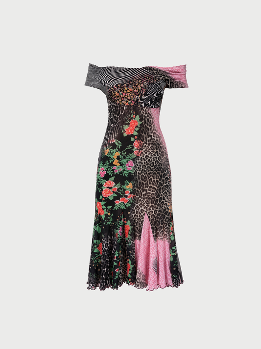 Roberto Cavalli Class 2000s Multicolor Animal Floral Print Mesh Dress