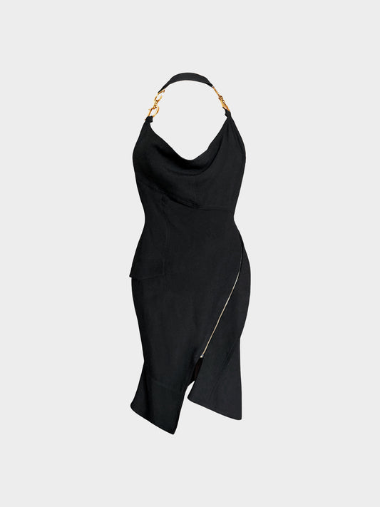 Christian Dior by John Galliano SS 2000 Runway Black Asymmetrical Logo Strap Halter Dress