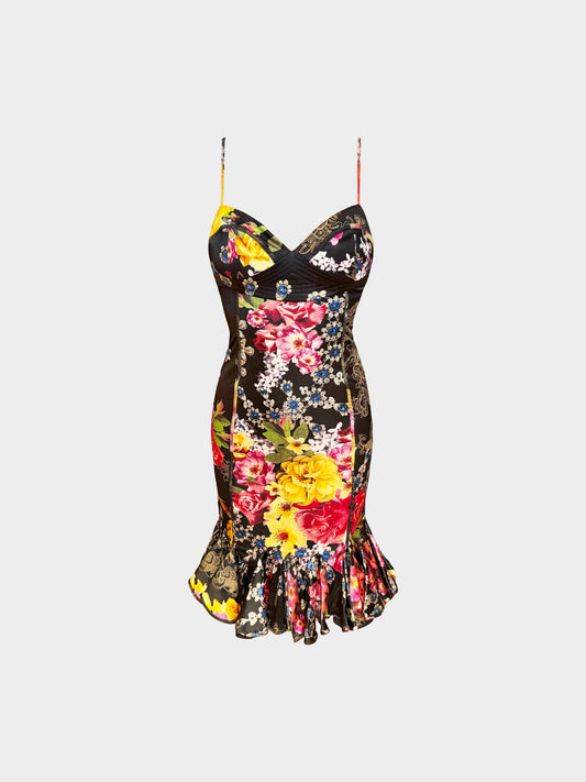 Roberto Cavalli 2000s Black and Multicolor Floral Print Dress