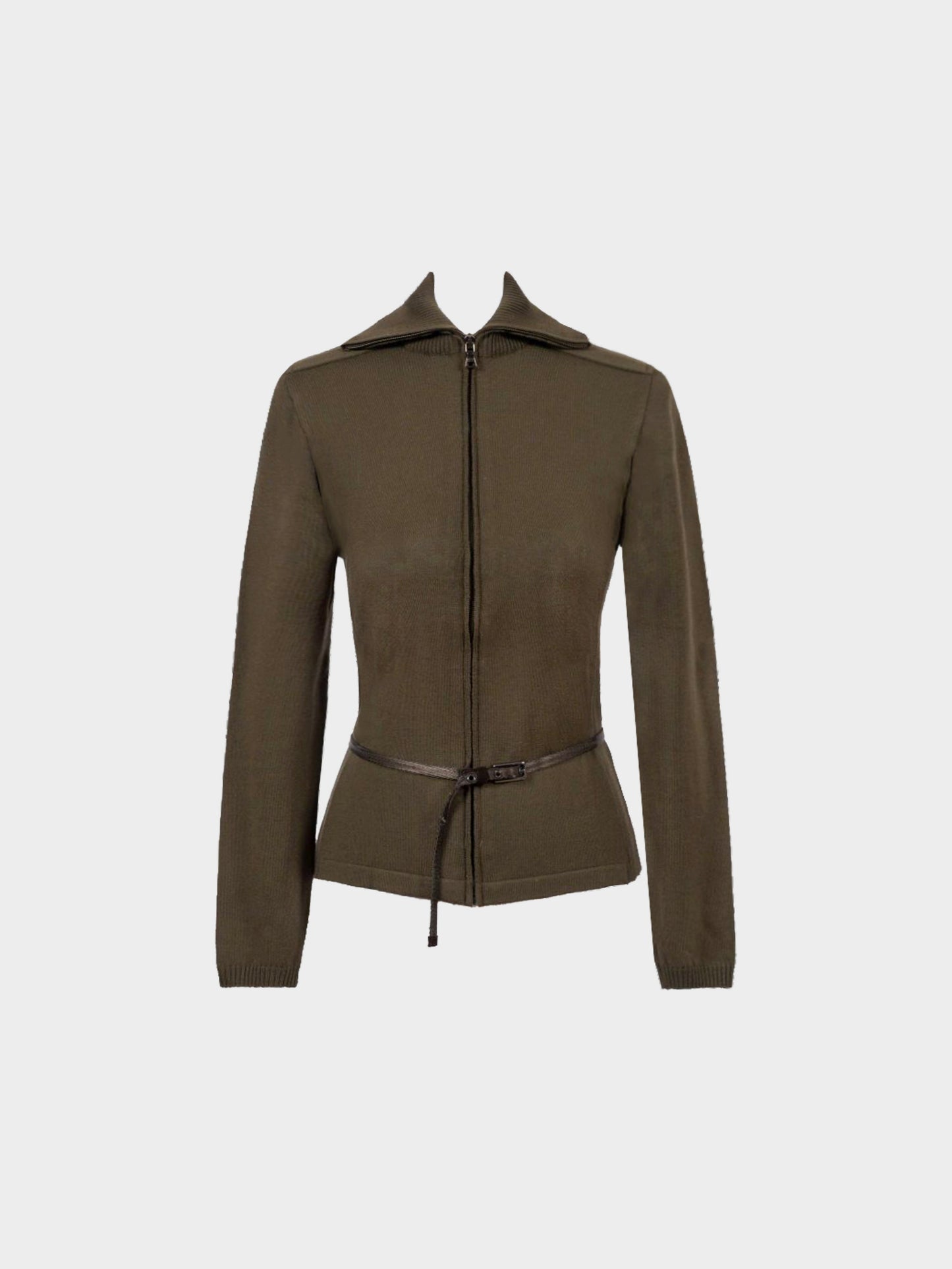 Prada Sport 2000s Khaki Wool Zip-up Jacket with Brown Belt