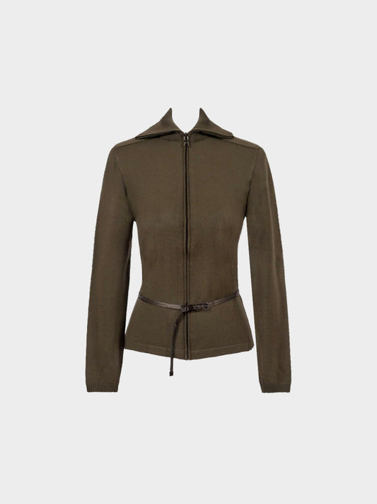 Prada Sport 2000s Khaki Wool Zip-up Jacket with Brown Belt