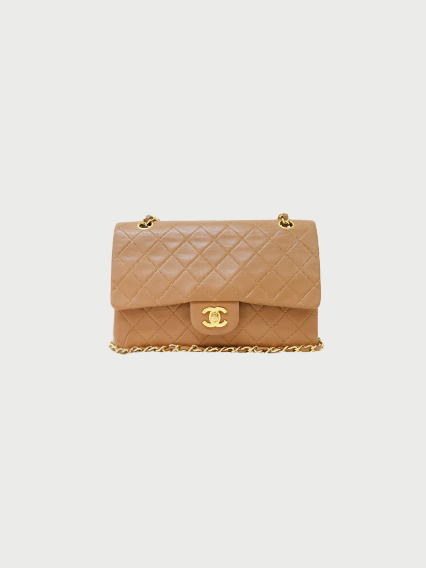 Chanel 1990-1991 Beige Leather Matelassé Double Flap Chain Shoulder Bag