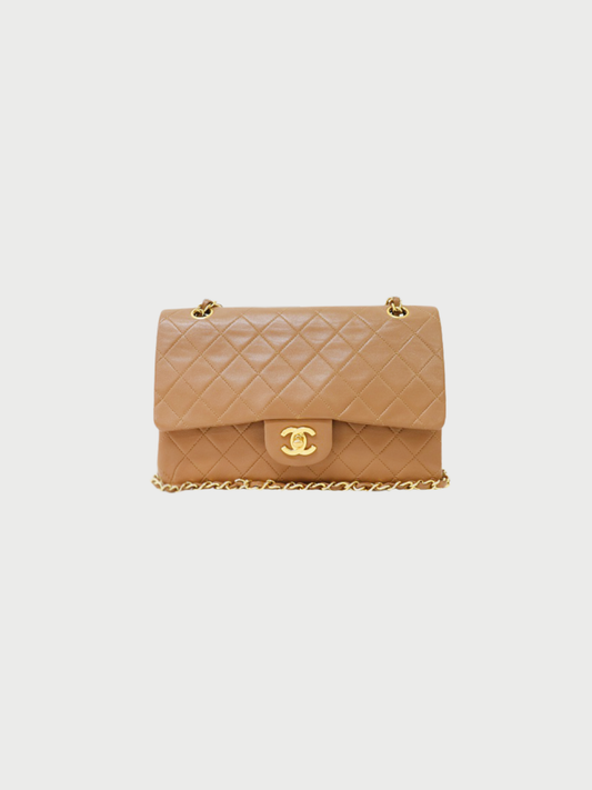Chanel 1990-1991 Beige Leather Matelassé Double Flap Chain Shoulder Bag