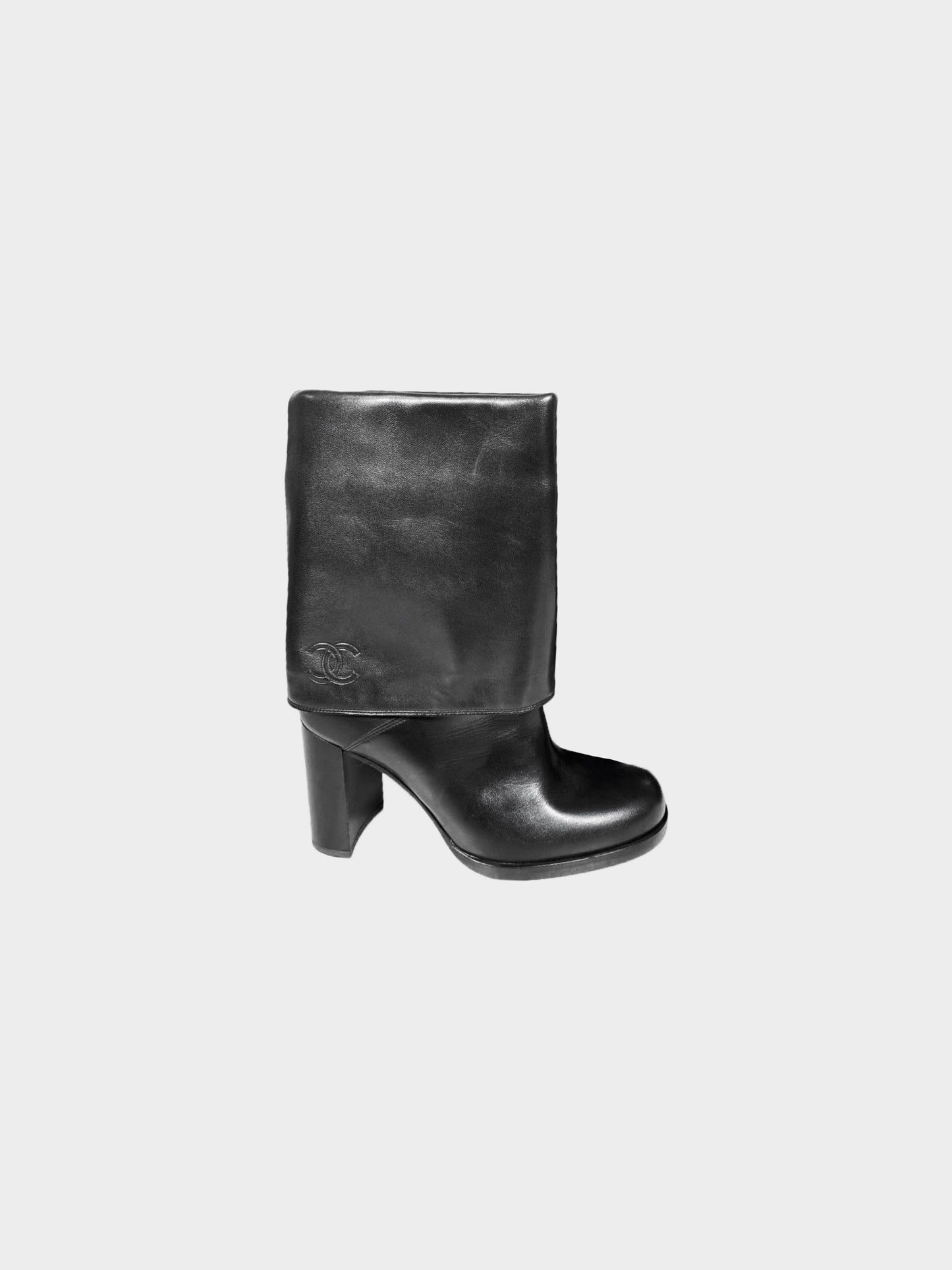 Chanel 2010s Black Leather Fold-over Heeled Short Boots
