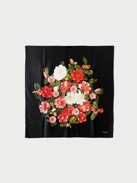 Chanel 2000s Black Silk Camellia Logo Scarf