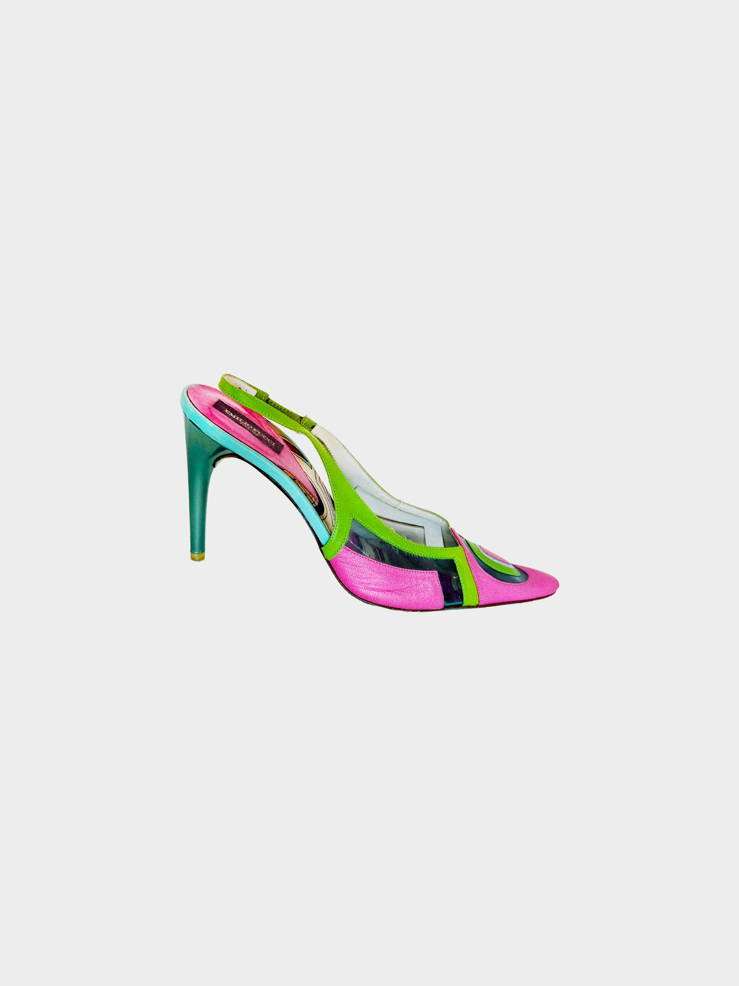 Emilio Pucci 2000s Pink, Green, and Blue Leather Color Block Slingback Heels