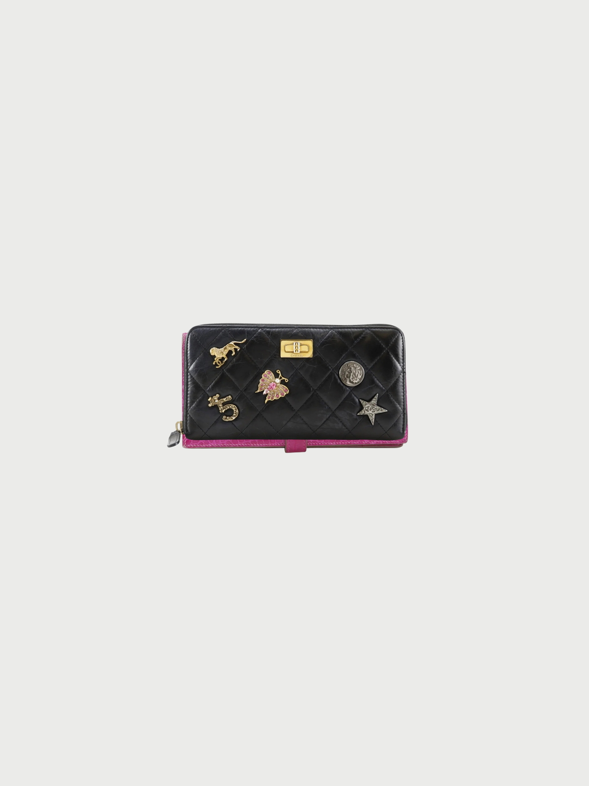 Chanel 2010s Black Leather Matelassé Lucky Charms Long Wallet