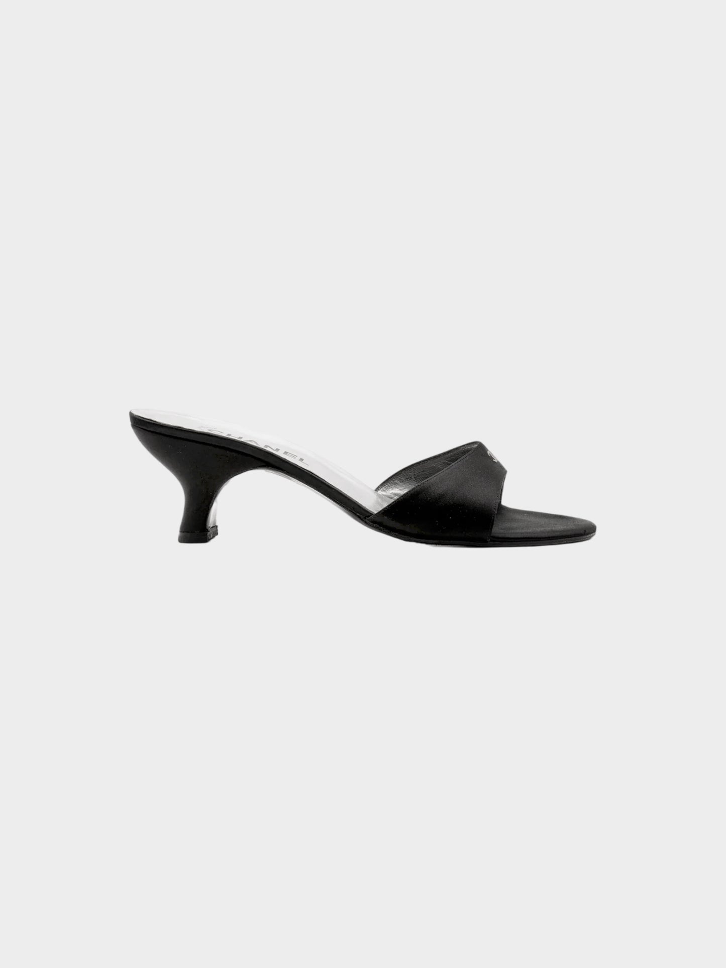 Chanel by Karl Lagerfeld 1990s Black Satin Silk CC Heeled Mules