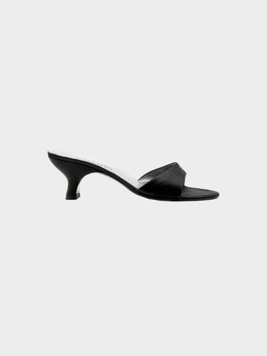 Chanel by Karl Lagerfeld 1990s Black Satin Silk CC Heeled Mules