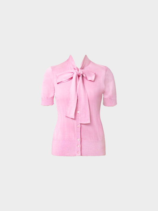 Dolce and Gabbana 2010s Pink Silk Ascot Collar Knit Top