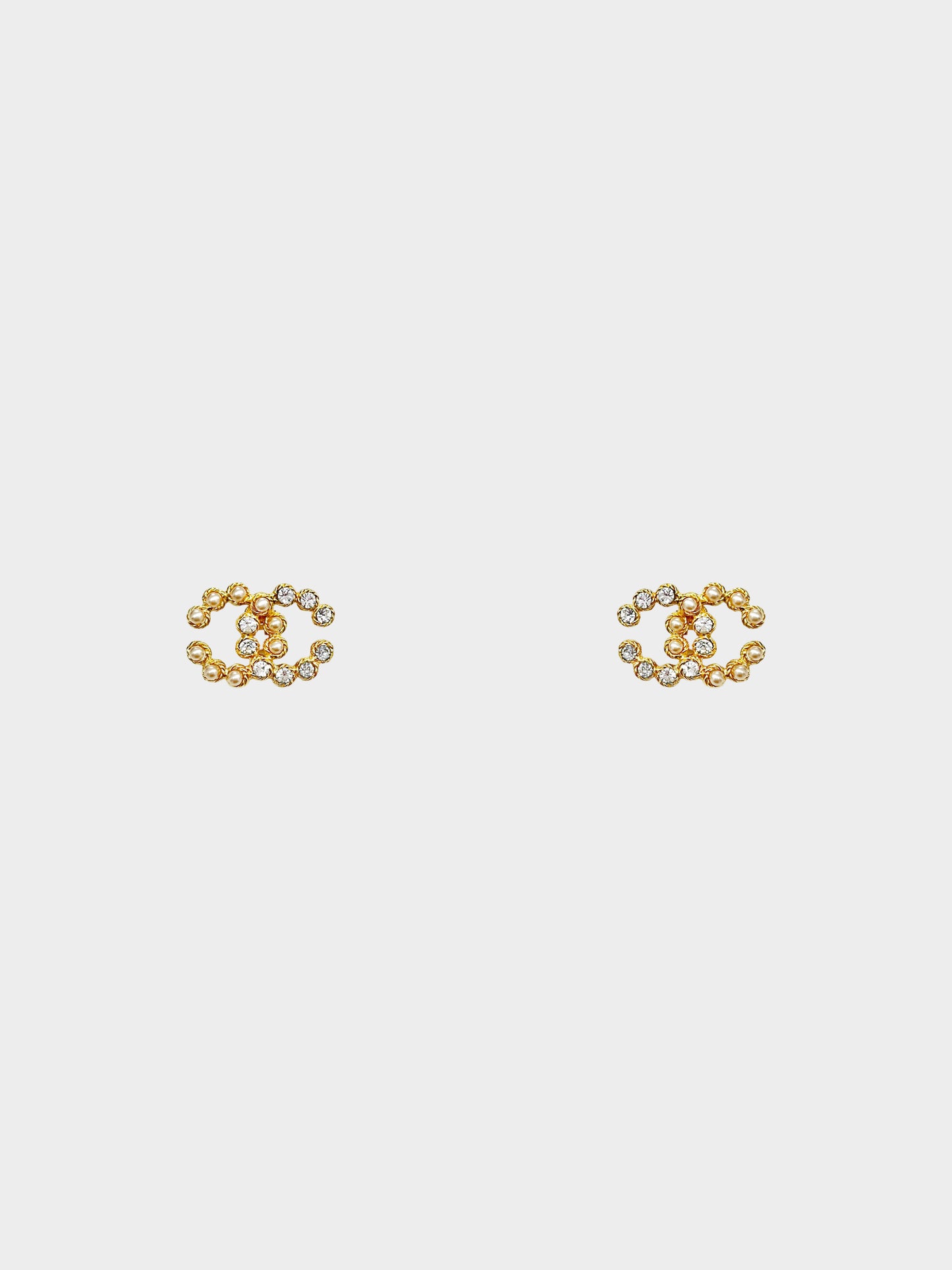 Chanel 1980s Pearl and Crystal CC Logo Clip-on Earrings