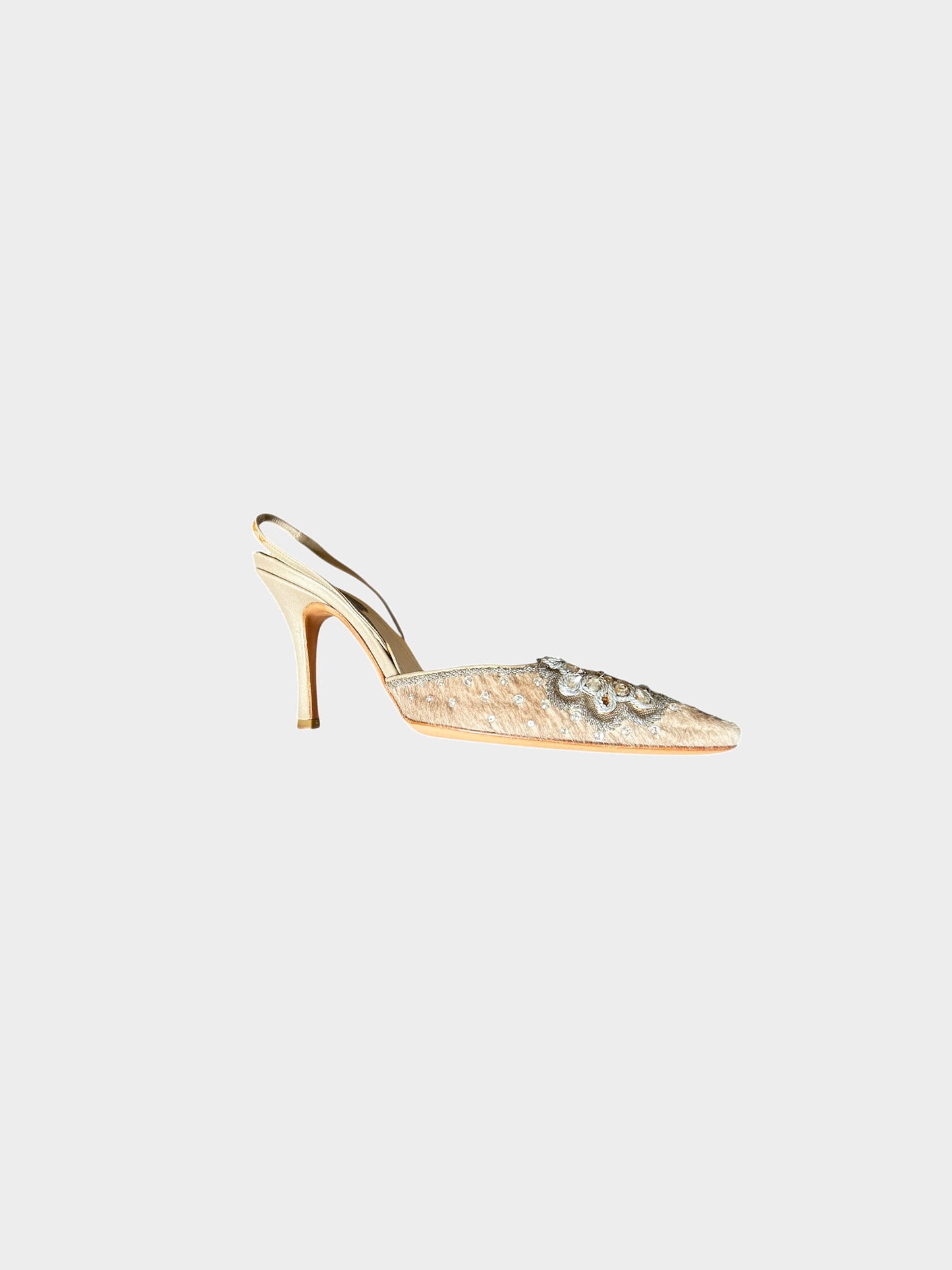 René Caovilla 2000s Rare Beige Pony Hair and Crystal Embroidery Slingback Pumps