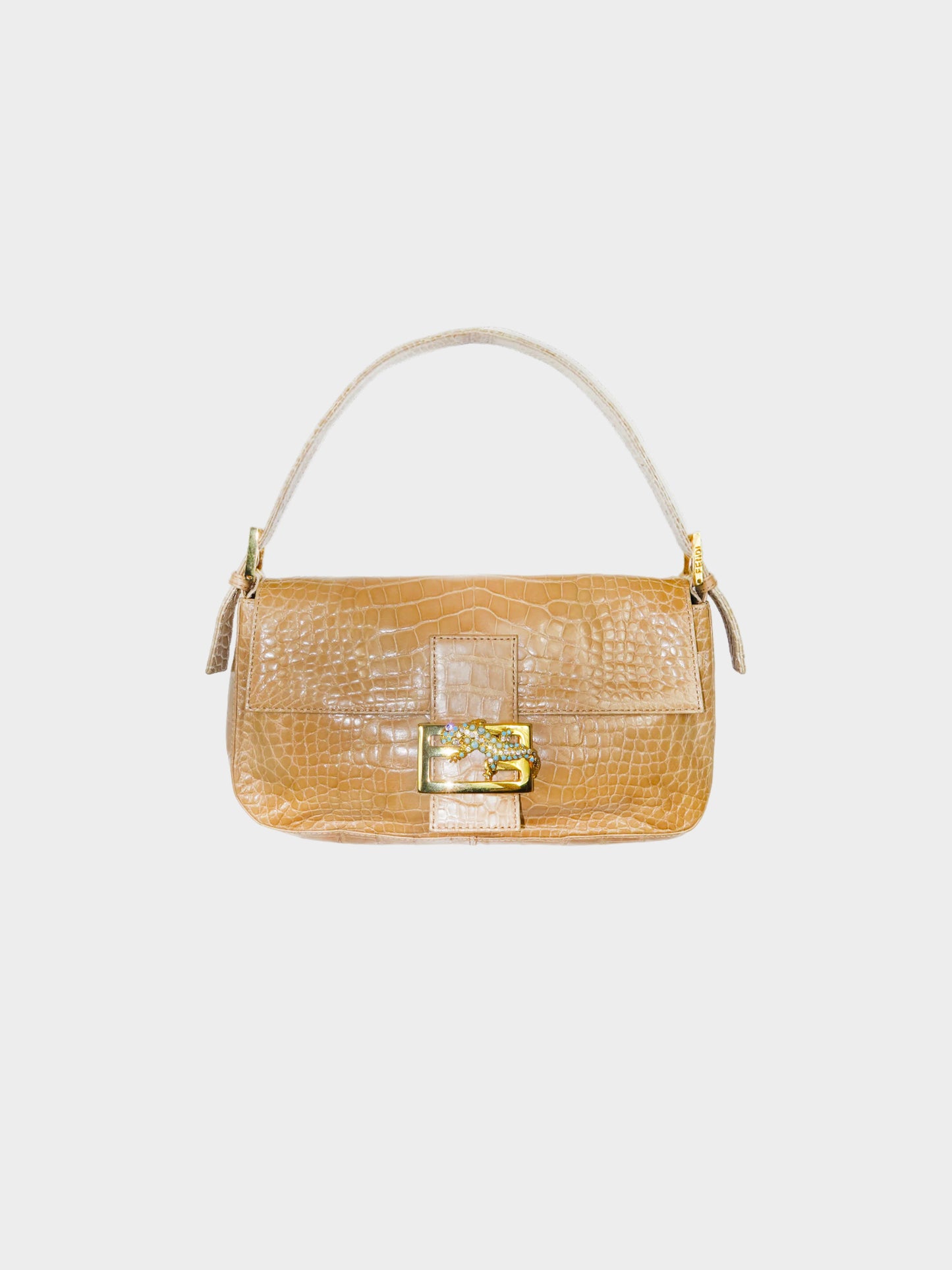 Fendi 2010s Beige Crocodile with Crystal Lizard Baguette