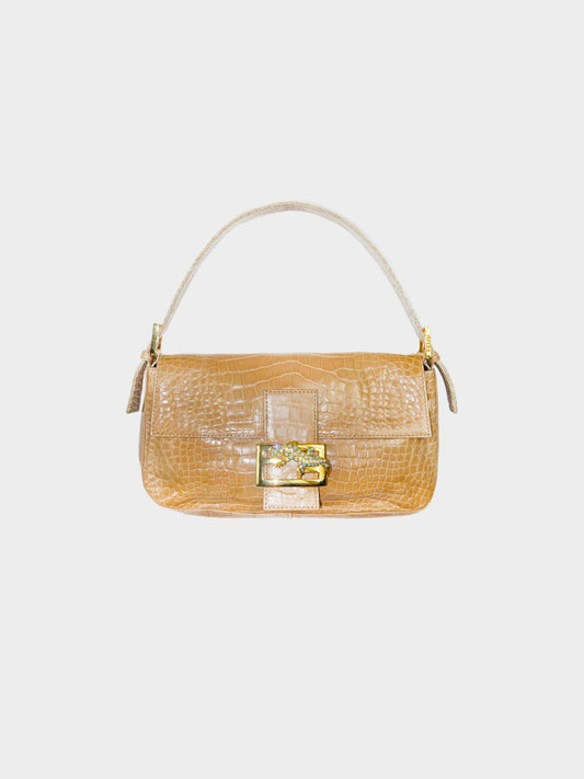 Fendi 2010s Beige Crocodile with Crystal Lizard Baguette