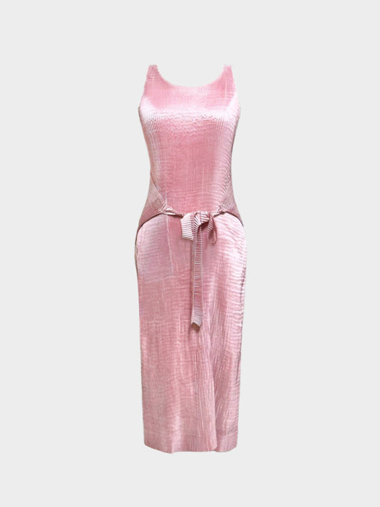 Issey Miyake 1990s Rare Pink Pleated Satin Silk Apron Dress
