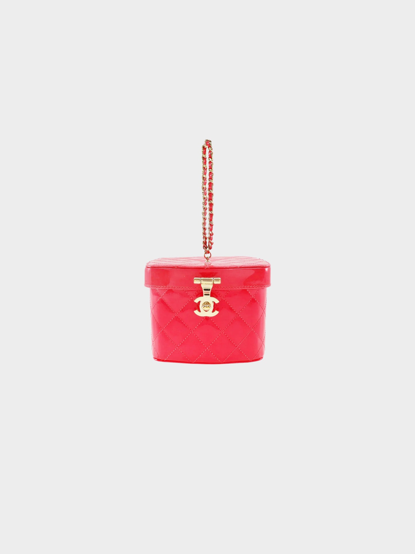 Chanel 2016 Pink Patent Leather Quilted Minaudiere Vanity Case