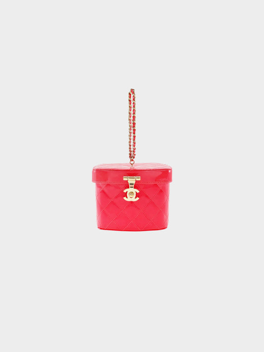 Chanel 2016 Pink Patent Leather Quilted Minaudiere Vanity Case