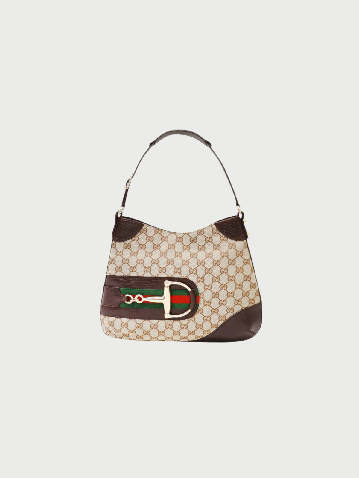 Gucci 2000s Beige Brown GG Canvas Horsebit One Shoulder Bag