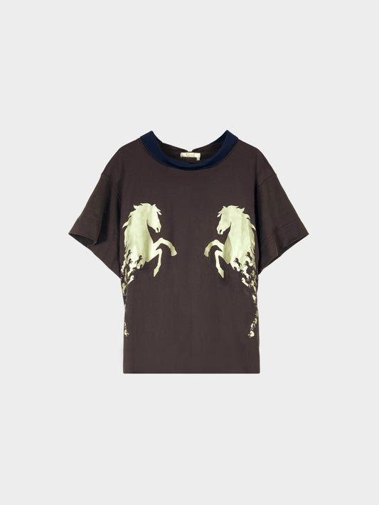 Chloé SS 2019 Brown Horse Print Shirt with Ribbon Detail