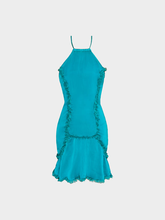 Jean Paul Gaultier 2000s Teal Blue Silk Ruffled Mini Dress