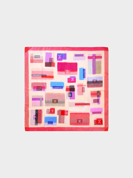 Chanel 2000s Pink Timeless CC Flap Bag Print Silk Scarf