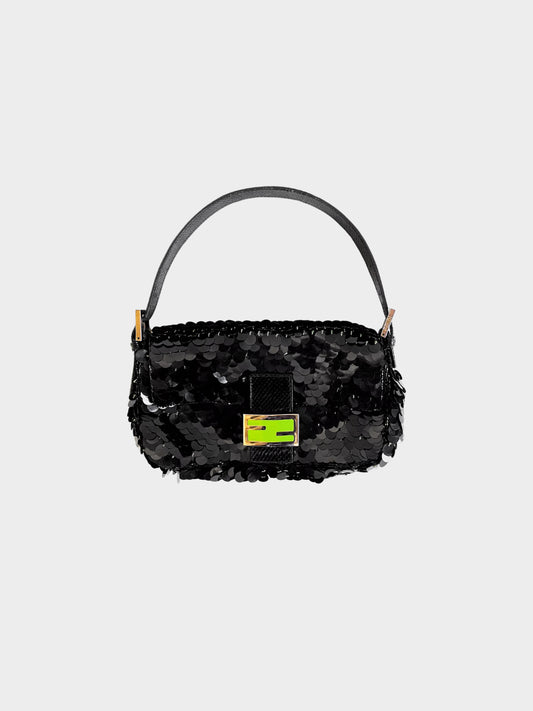 Fendi Late 1990s Black Python and Sequin Baguette Bag