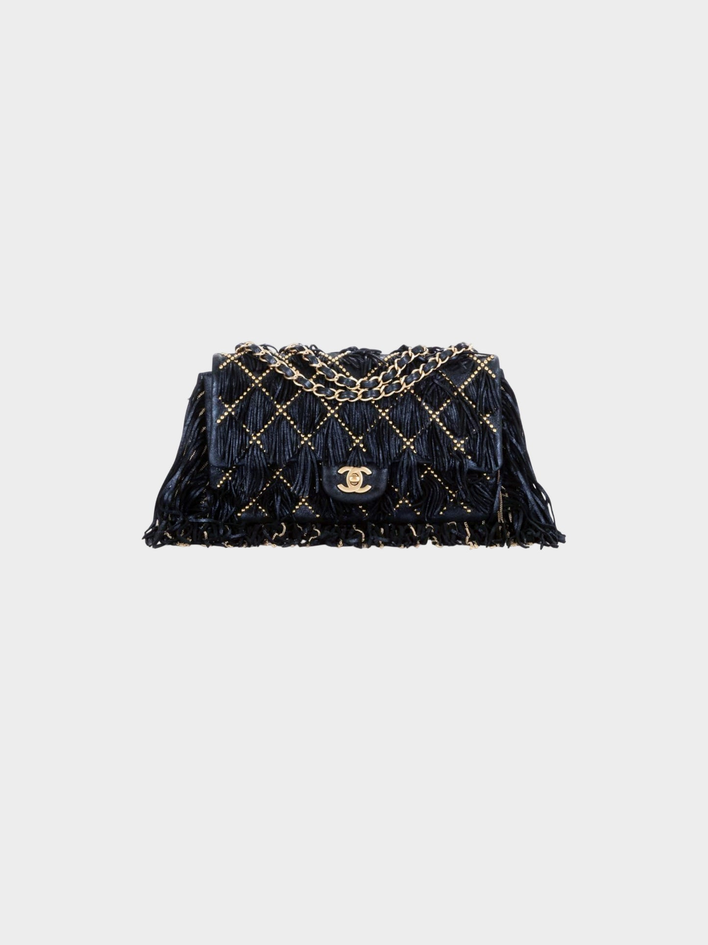 Chanel 2014 Navy and Gold Calfskin Metallic Suede Dallas Fringe Medium Flap Bag
