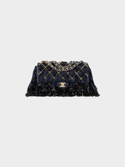 Chanel 2014 Navy and Gold Calfskin Metallic Suede Dallas Fringe Medium Flap Bag