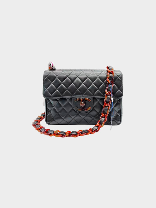 Chanel 1994 Vintage Black Lambskin Tortoise Jumbo Classic Flap Bag