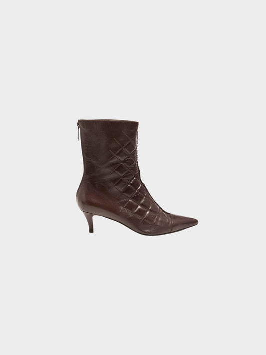 Chanel by Karl Lagerfeld 2004 Brown Leather Quilted Chain Detail Pointed Short Boots