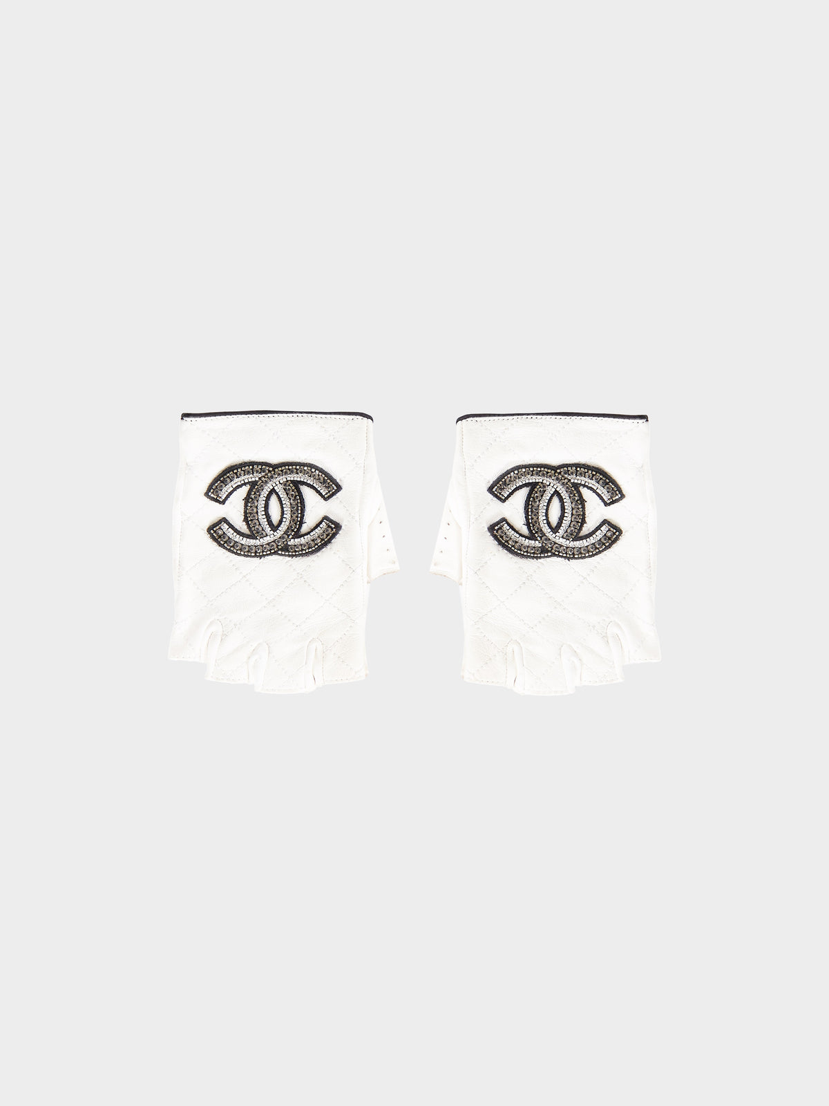 Chanel Early 2010s White Lambskin CC Embroidered Fingerless Gloves