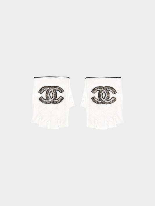 Chanel Early 2010s White Lambskin CC Embroidered Fingerless Gloves